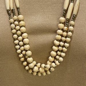 VGUC Vintage 1970's 3-Strand Bead Necklace, Multi-Shape, Ivory, Gold-Tone, 28" L